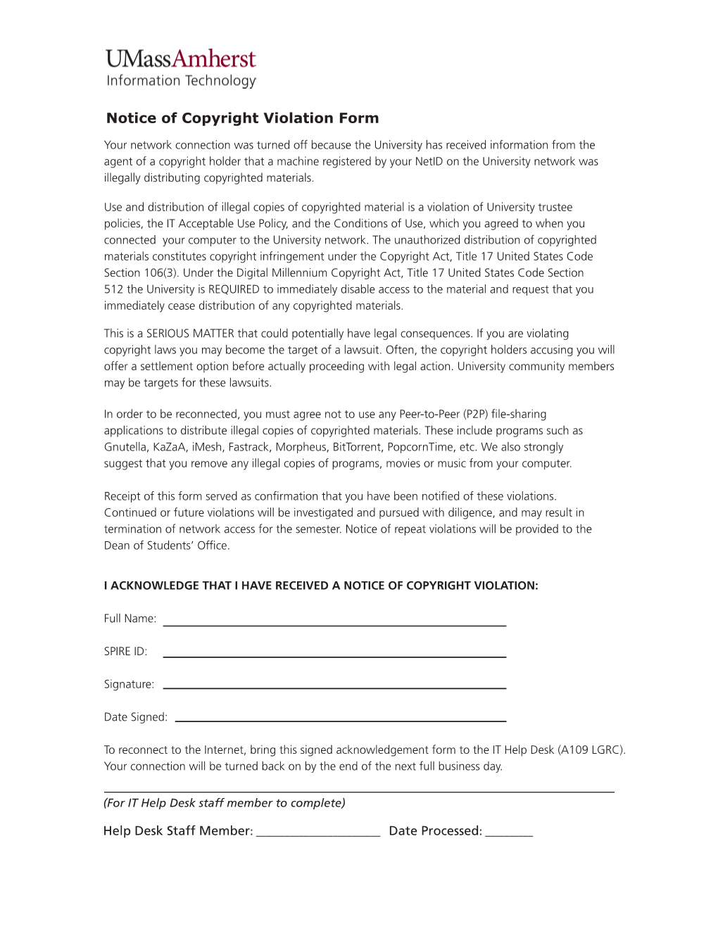 Notice of Copyright Violation Form