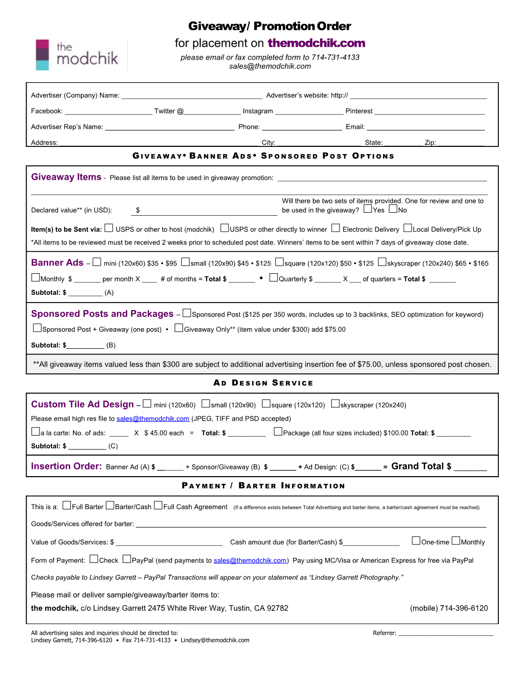 Advertising Insertion Order Form