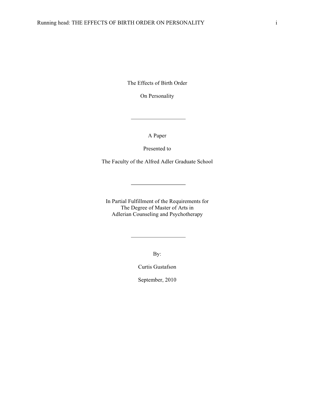 THE EFFECTS of BIRTH ORDER on PERSONALITY I