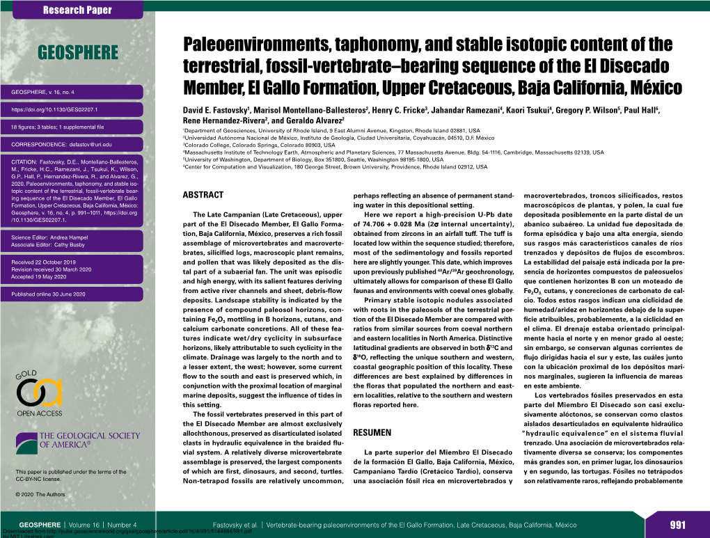 Paleoenvironments, Taphonomy, and Stable Isotopic Content of the Terrestrial, Fossil-Vertebrate–Bearing Sequence of the El Disecado