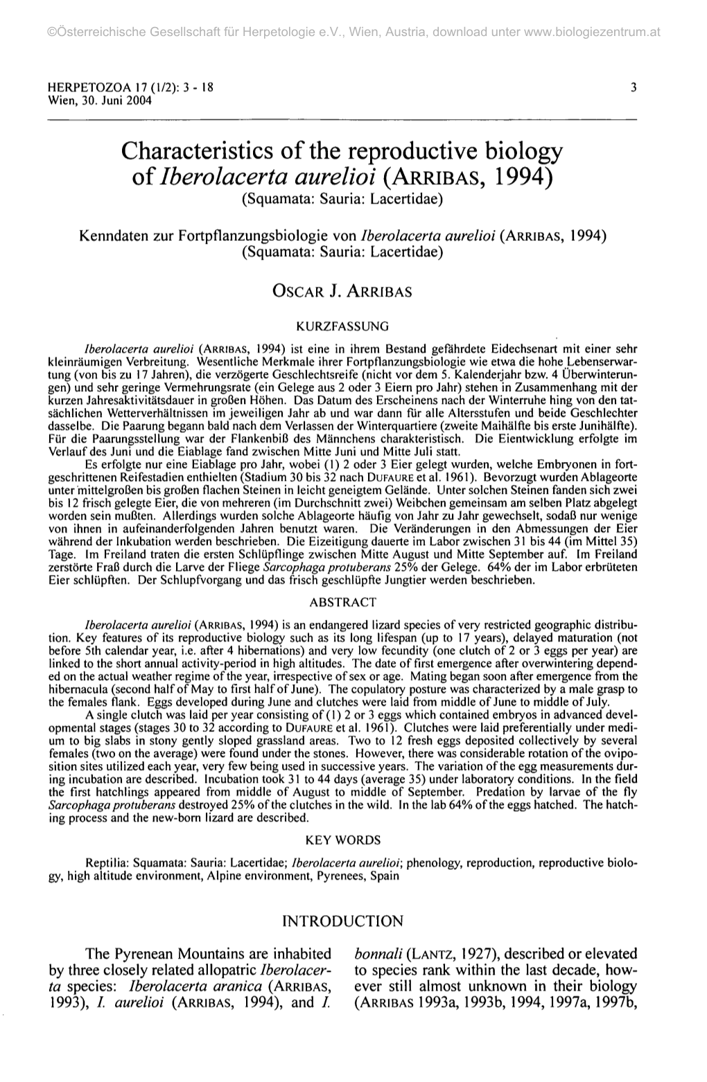 Characteristics of the Reproductive Biology of Iberolacerta Aurelioi (ARRIBAS, 1994) (Squamata: Sauria: Lacertidae)