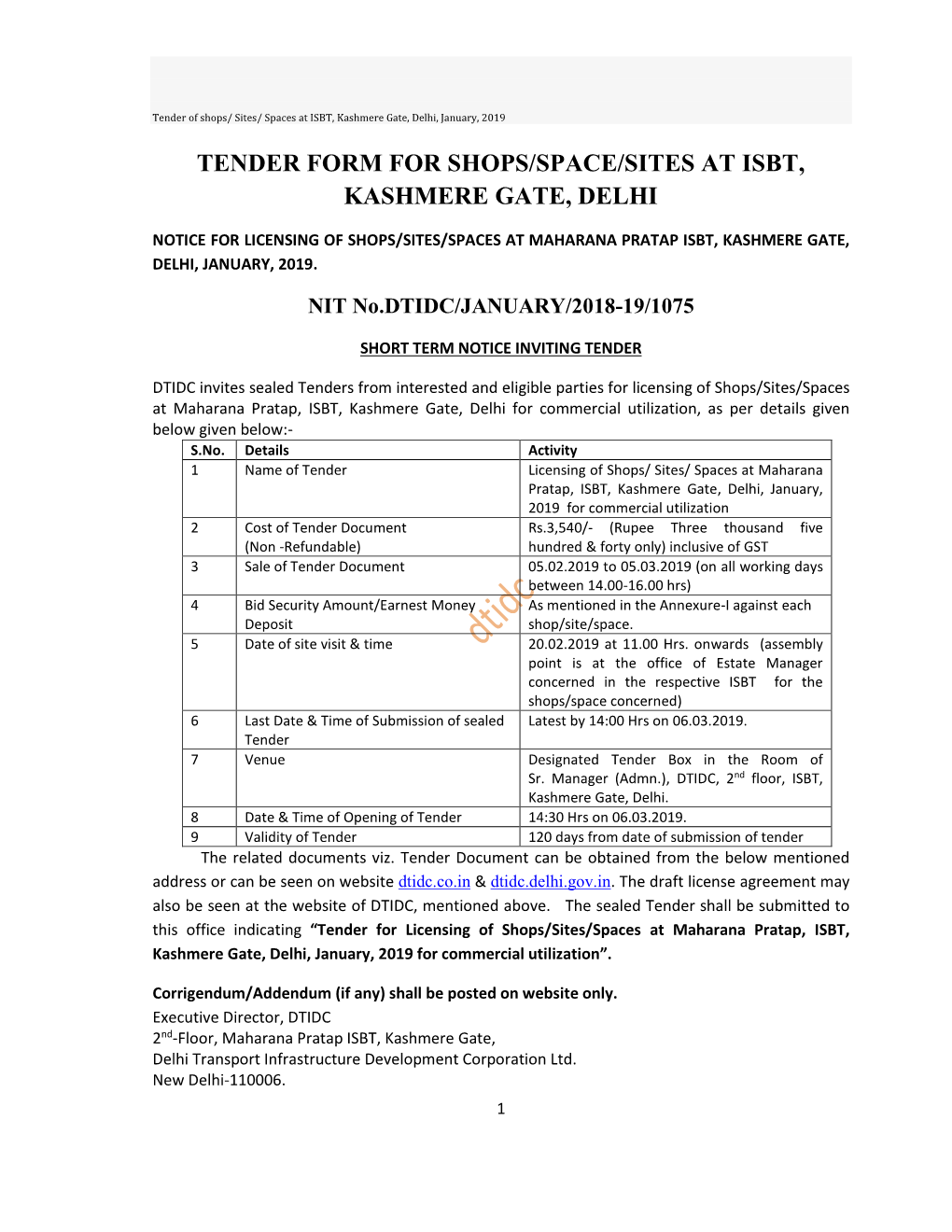 Tender Form for Shops/Space/Sites at Isbt, Kashmere Gate, Delhi