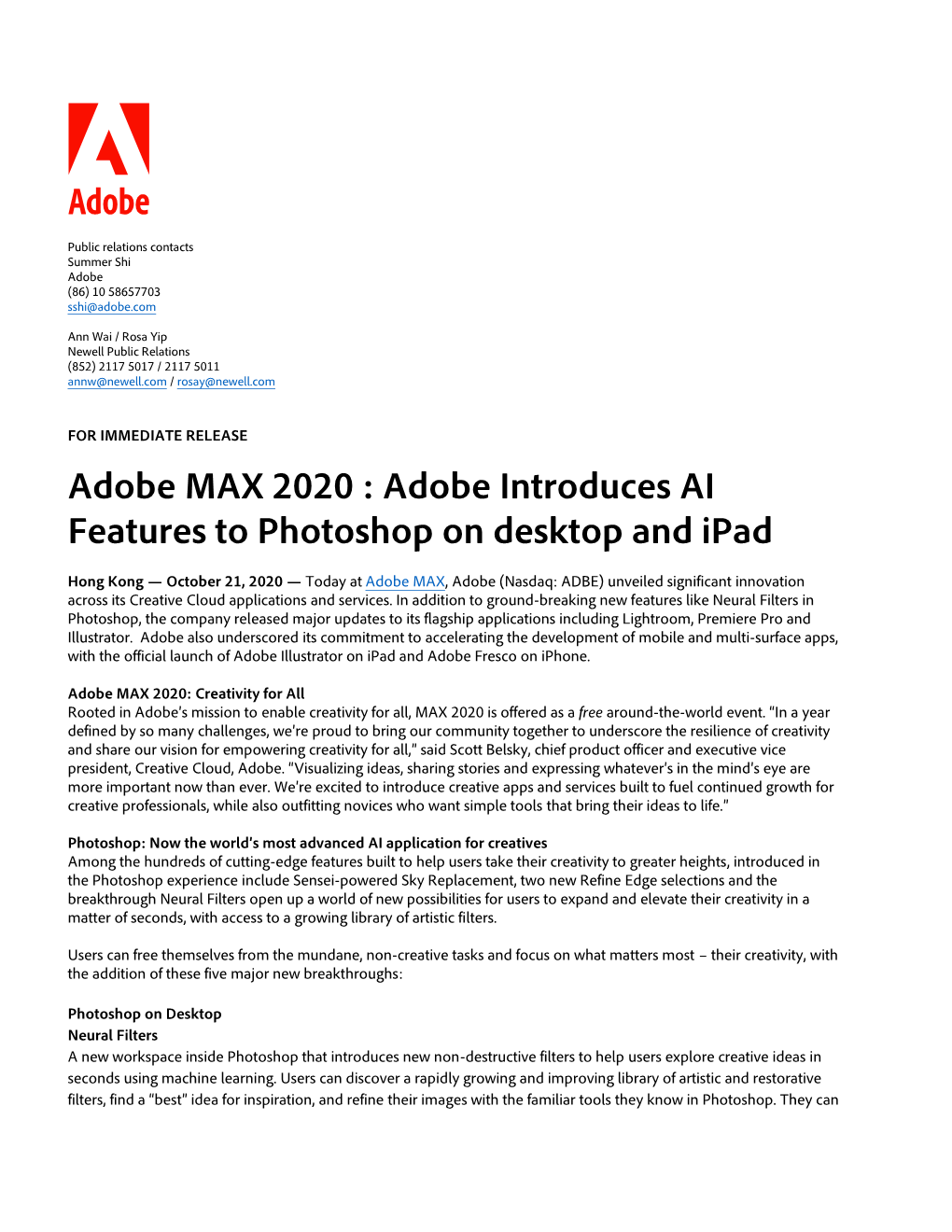 Adobe MAX 2020 : Adobe Introduces AI Features to Photoshop on Desktop and Ipad
