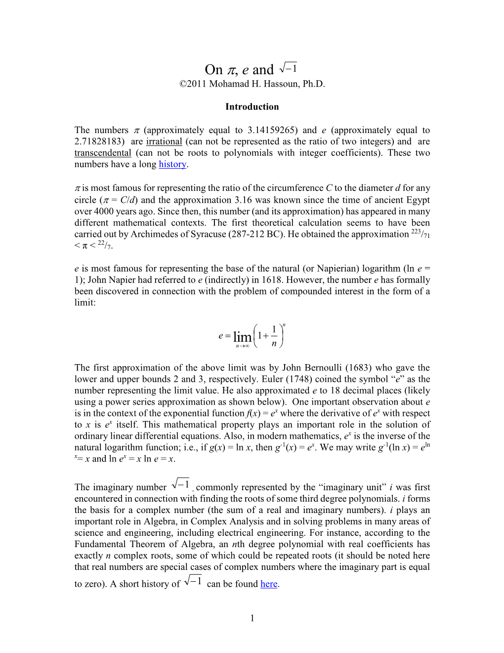 On Pi, E and I