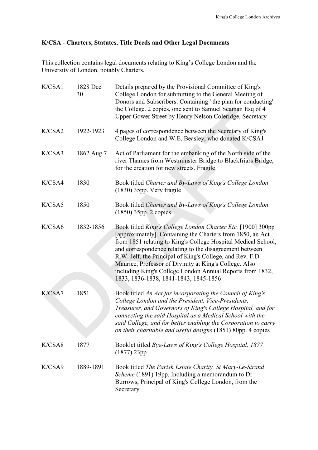 K/CSA Charters and Statutes Draft Catalogue