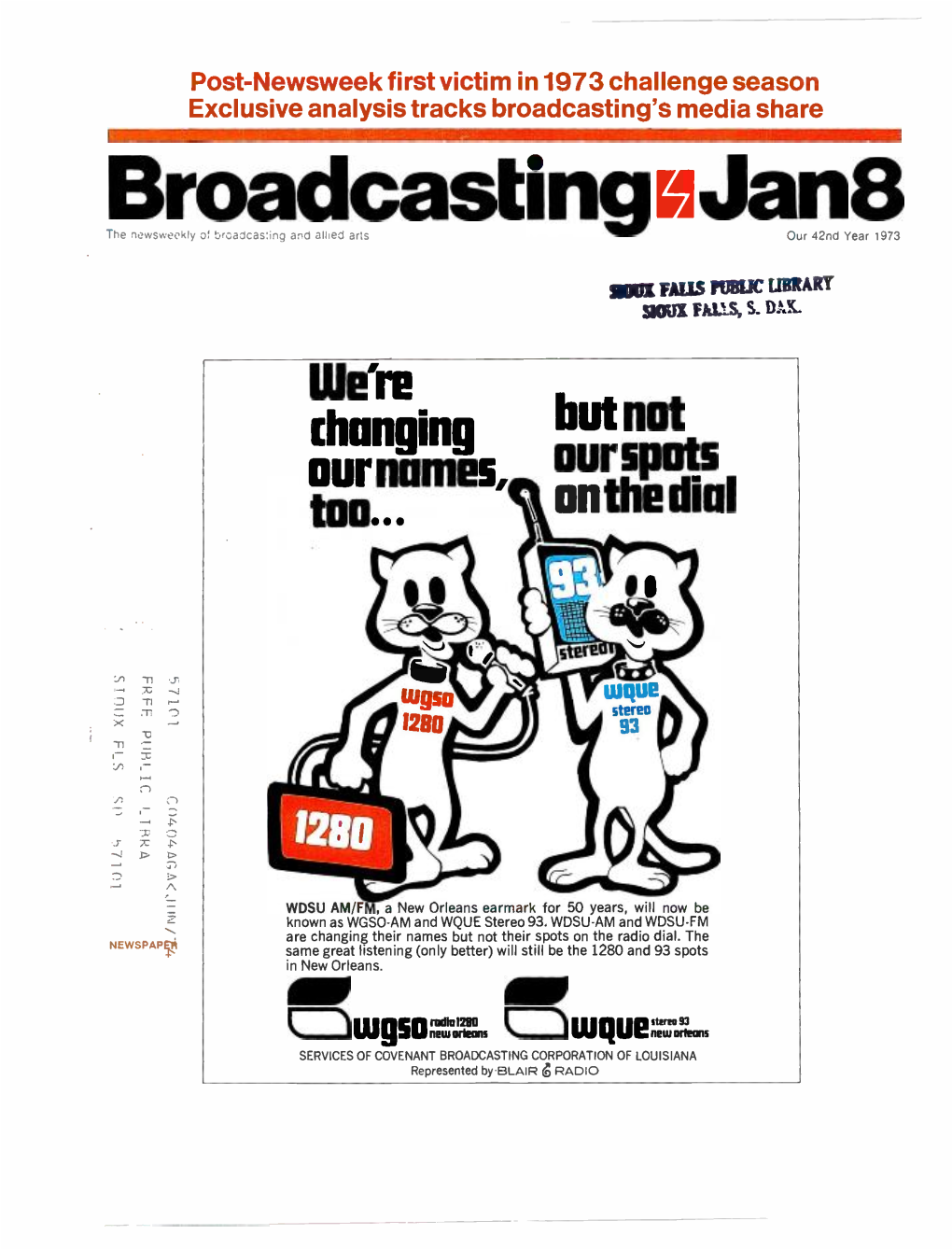 Broadcast I N Mjan8 T He Newsweekly O' Brcaacas: Nd and Allied Arts Our 42Nd Year 1973