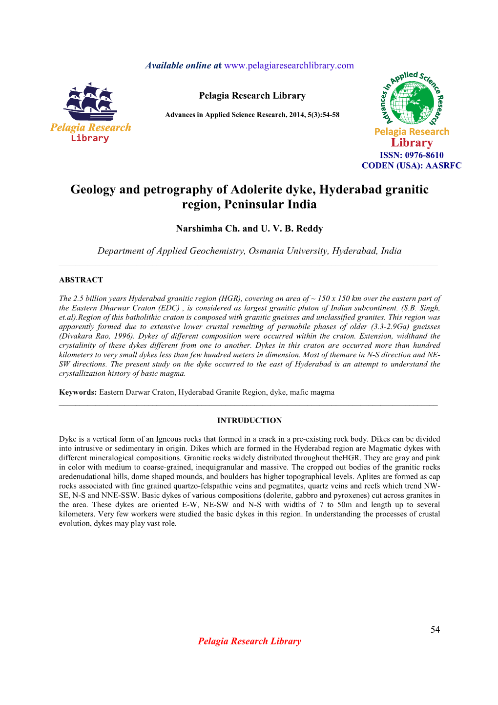 Geology and Petrography of Adolerite Dyke, Hyderabad Granitic Region, Peninsular India