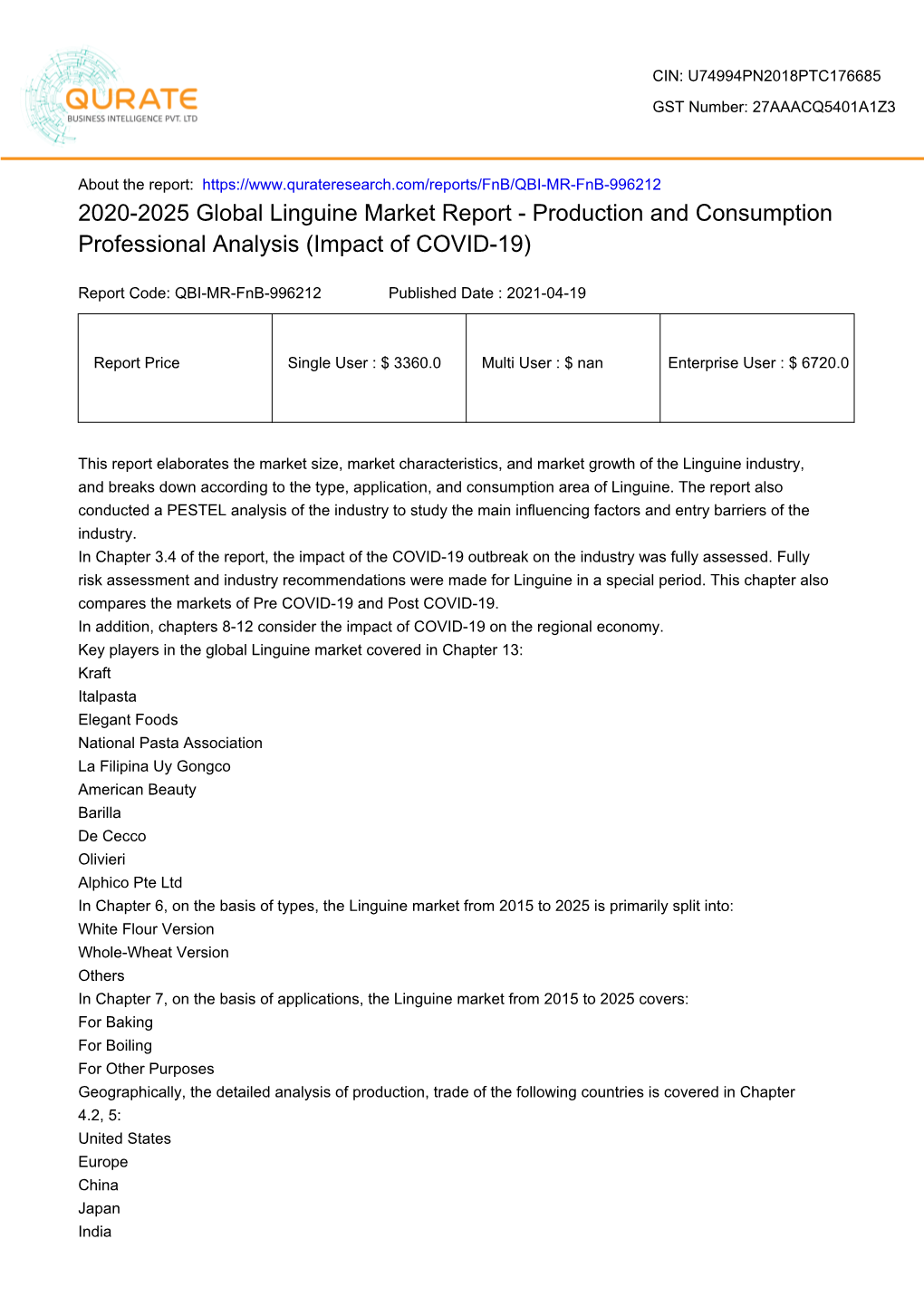 2020-2025 Global Linguine Market Report - Production and Consumption Professional Analysis (Impact of COVID-19)