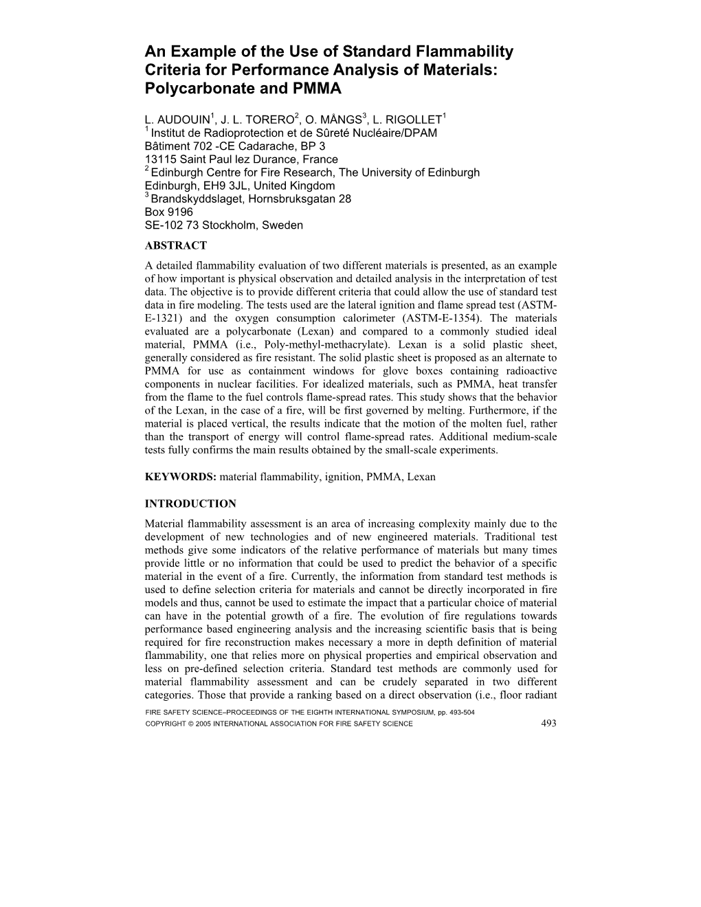 An Example of the Use of Standard Flammability Criteria for Performance Analysis of Materials: Polycarbonate and PMMA