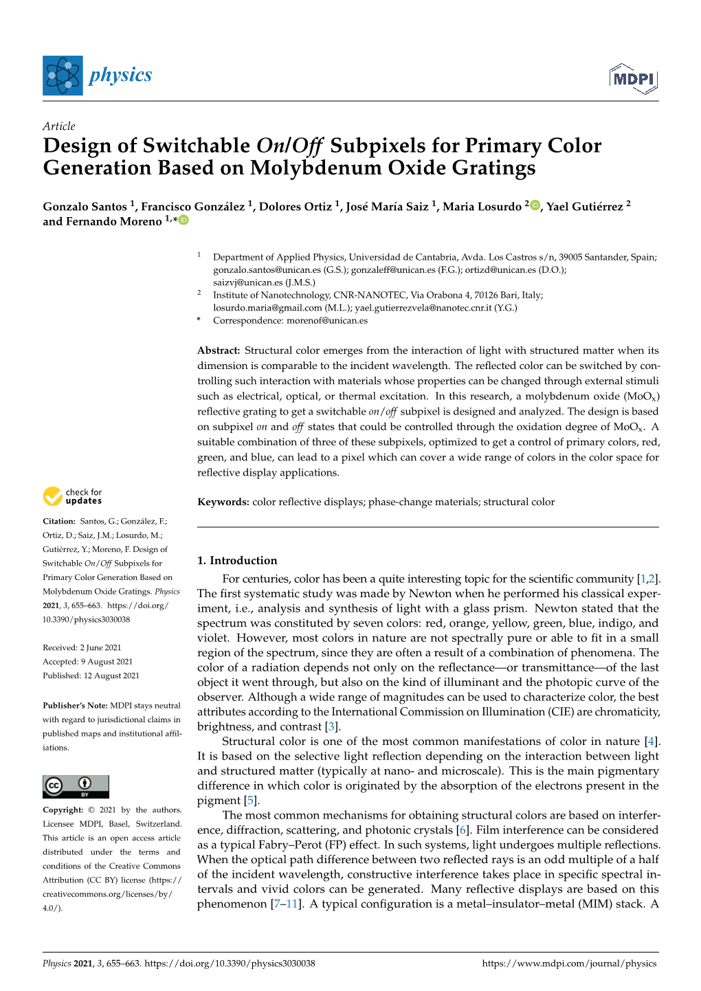 Design of Switchable On/Off Subpixels for Primary Color Generation Based on Molybdenum Oxide Gratings