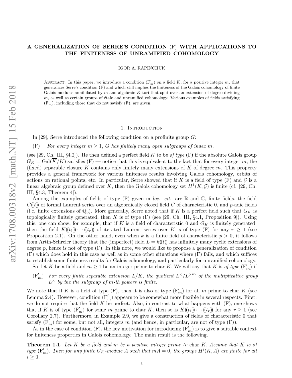 Arxiv:1708.00318V2 [Math.NT] 15 Feb 2018 G Se[9 H III, Ch