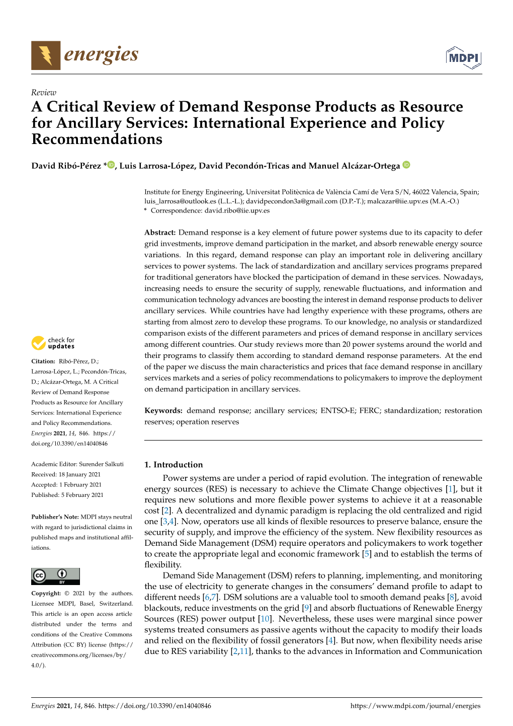 A Critical Review of Demand Response Products As Resource for Ancillary Services: International Experience and Policy Recommendations