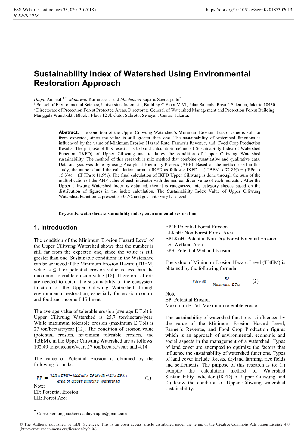 Sustainability Index of Watershed Using Environmental Restoration Approach