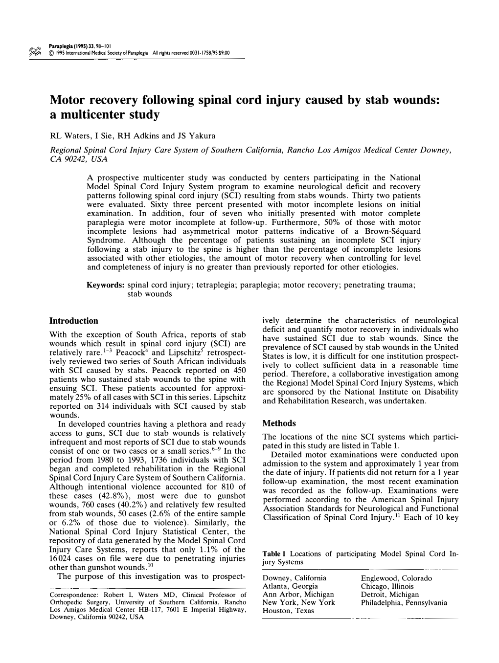 Motor Recovery Following Spinal Cord Injury Caused by Stab Wounds: a Multicenter Study