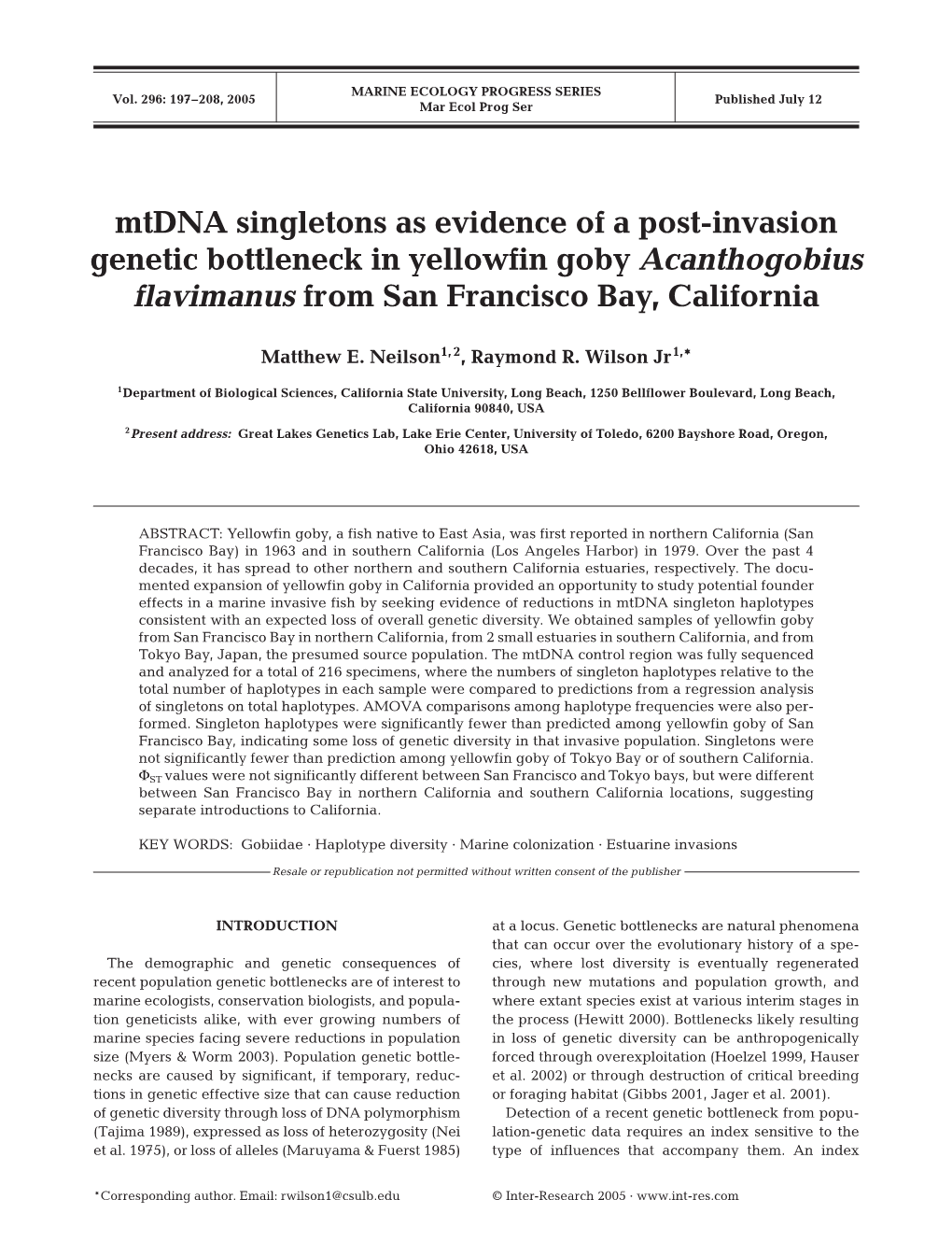 Mtdna Singletons As Evidence of a Post-Invasion Genetic Bottleneck in Yellowfin Goby Acanthogobius Flavimanus from San Francisco Bay, California