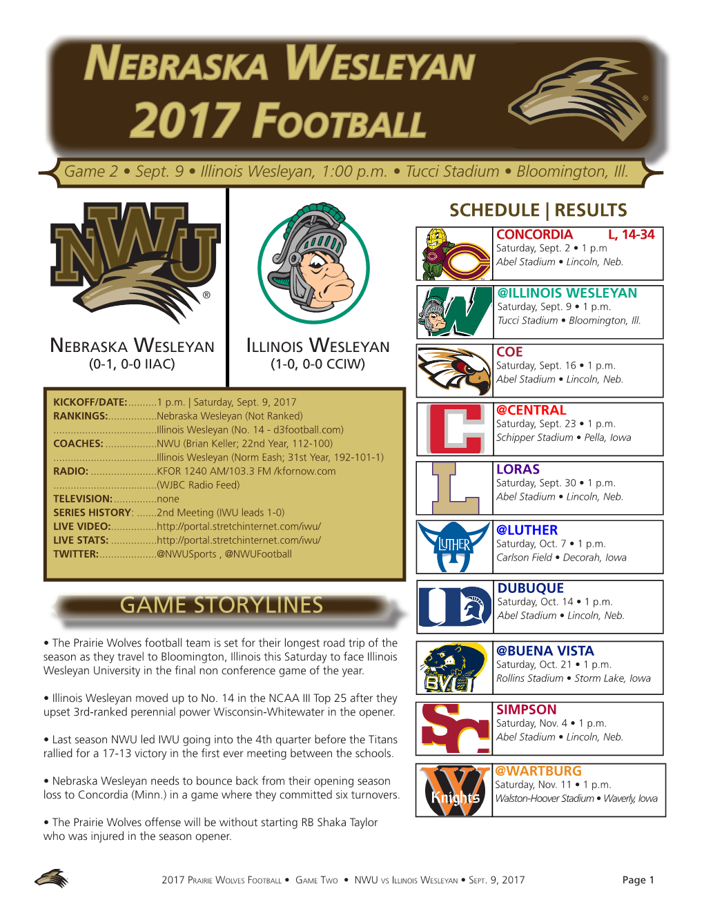 Nebraska Wesleyan 2017 Football Game 2 • Sept