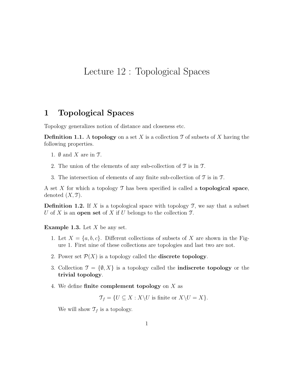 Lecture 12 : Topological Spaces