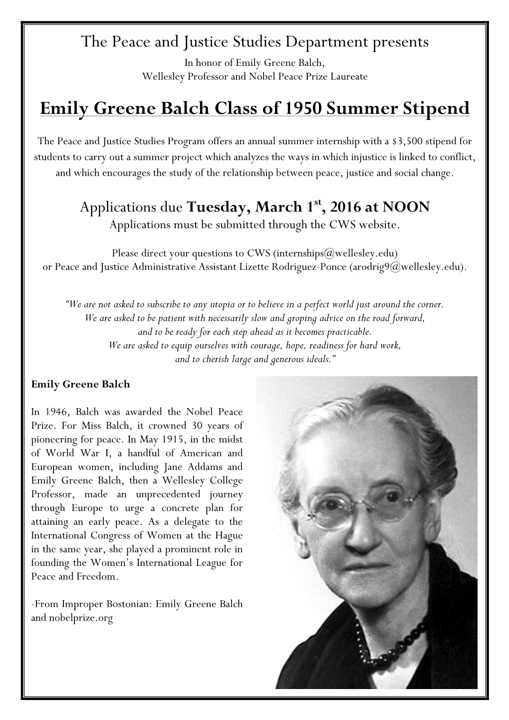 Emily Greene Balch Class of 1950 Summer Stipend