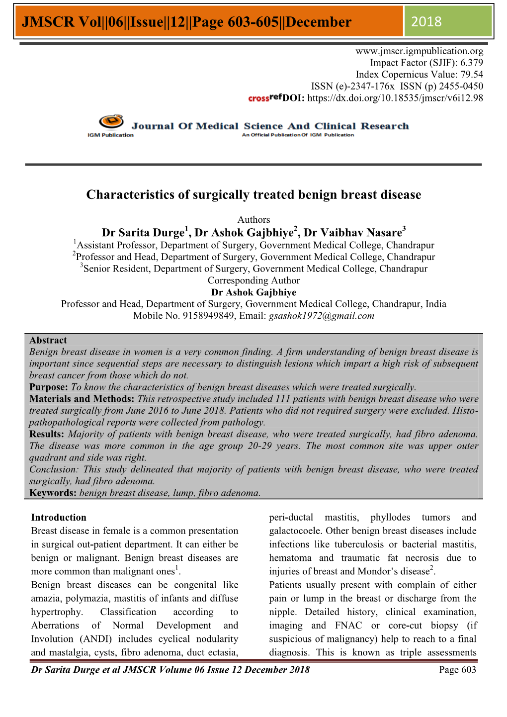 JMSCR Vol||06||Issue||12||Page 603-605||December 2018