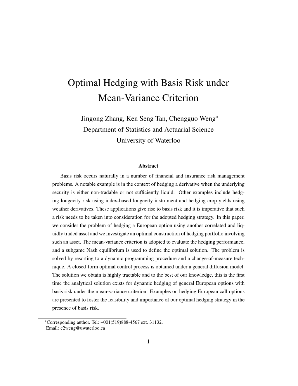 Optimal Hedging with Basis Risk Under Mean-Variance Criterion