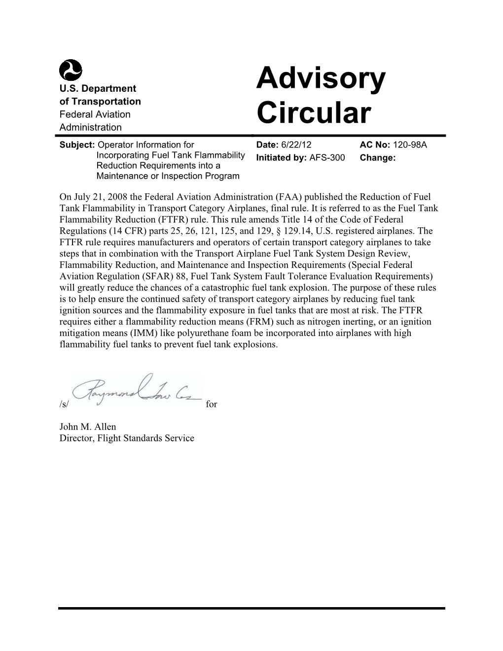 Fuel Tank Flammability Reduction (FTFR) Rule