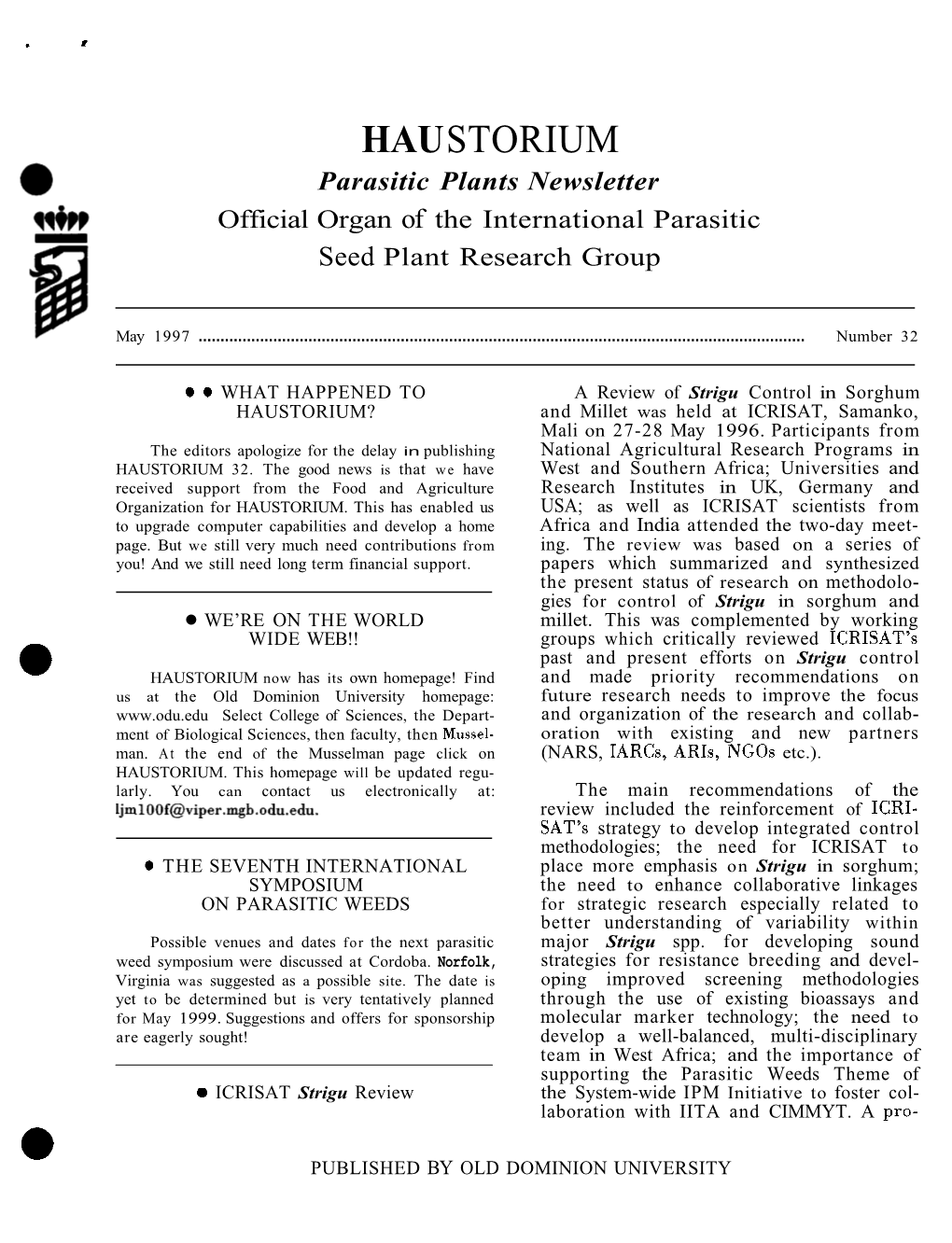 HAU STORIUM Parasitic Plants Newsletter Official Organ of the International Parasitic Seed Plant Research Group