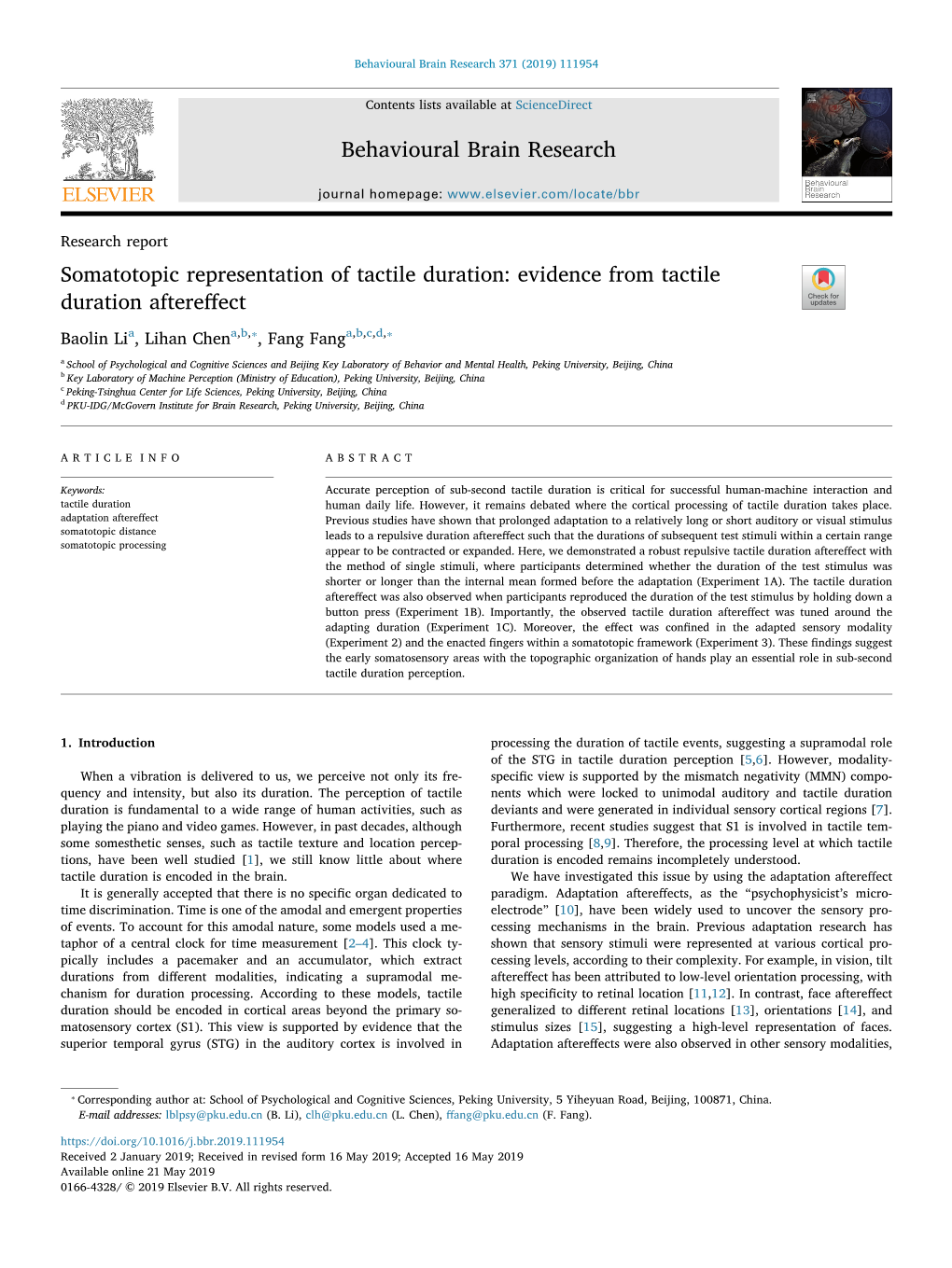 Somatotopic Representation of Tactile Duration Evidence from Tactile