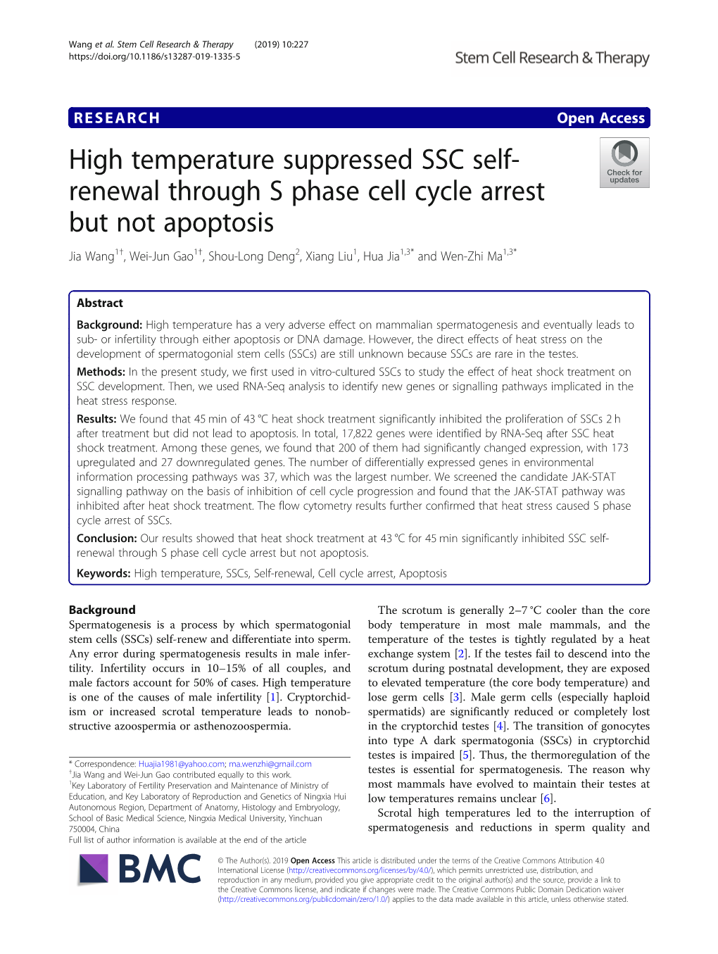 High Temperature Suppressed SSC Self-Renewal Through S Phase Cell Cycle Arrest but Not Apoptosis