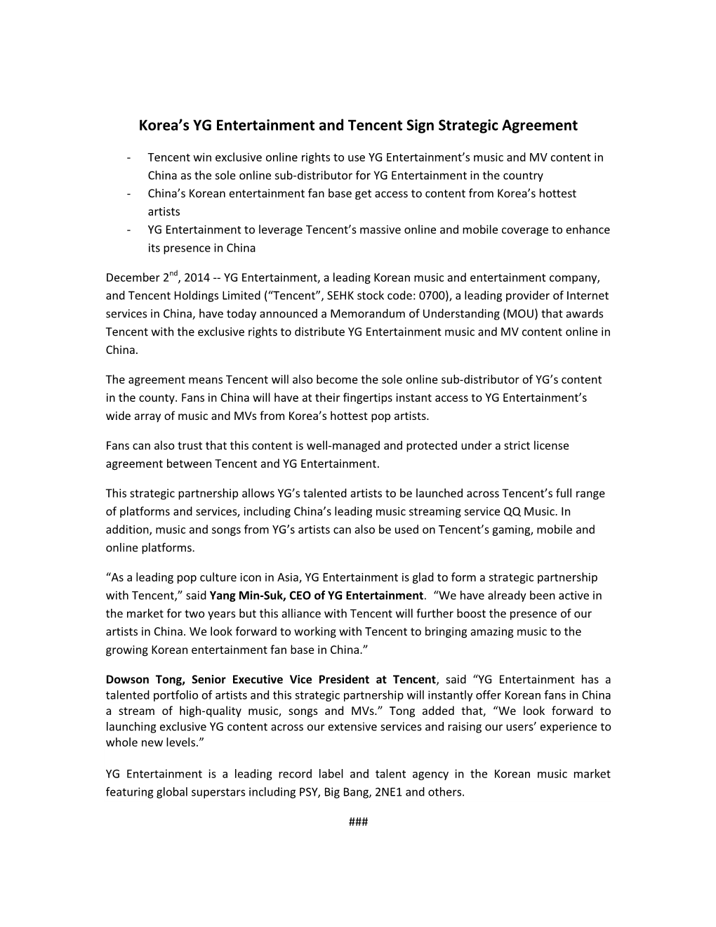 Korea's YG Entertainment and Tencent Sign Strategic Agreement