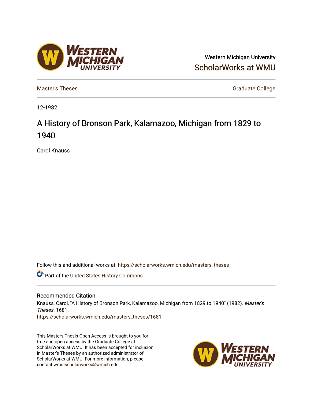 A History of Bronson Park, Kalamazoo, Michigan from 1829 to 1940