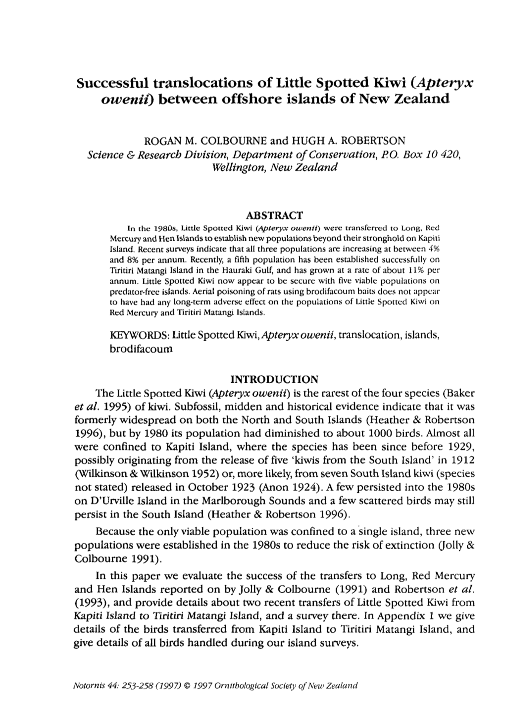 Successful Translocations of Little Spotted Kiwi (Apteryx Owenii) Between Offshore Islands of New Zealand