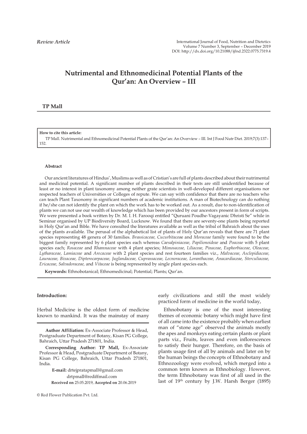 Nutrimental and Ethnomedicinal Potential Plants of the Qur'an