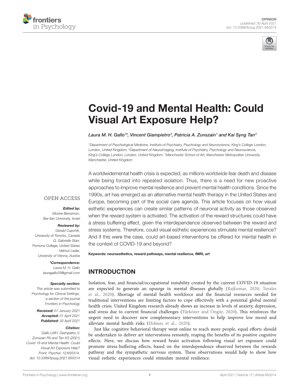 Covid-19 and Mental Health: Could Visual Art Exposure Help?