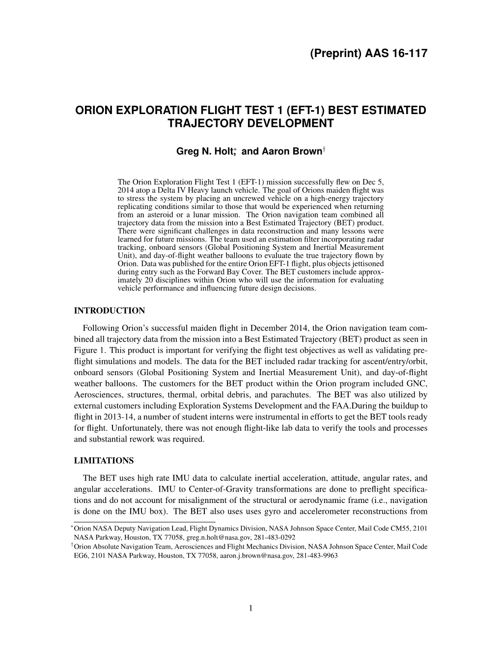 (Preprint) AAS 16-117 ORION EXPLORATION FLIGHT TEST 1