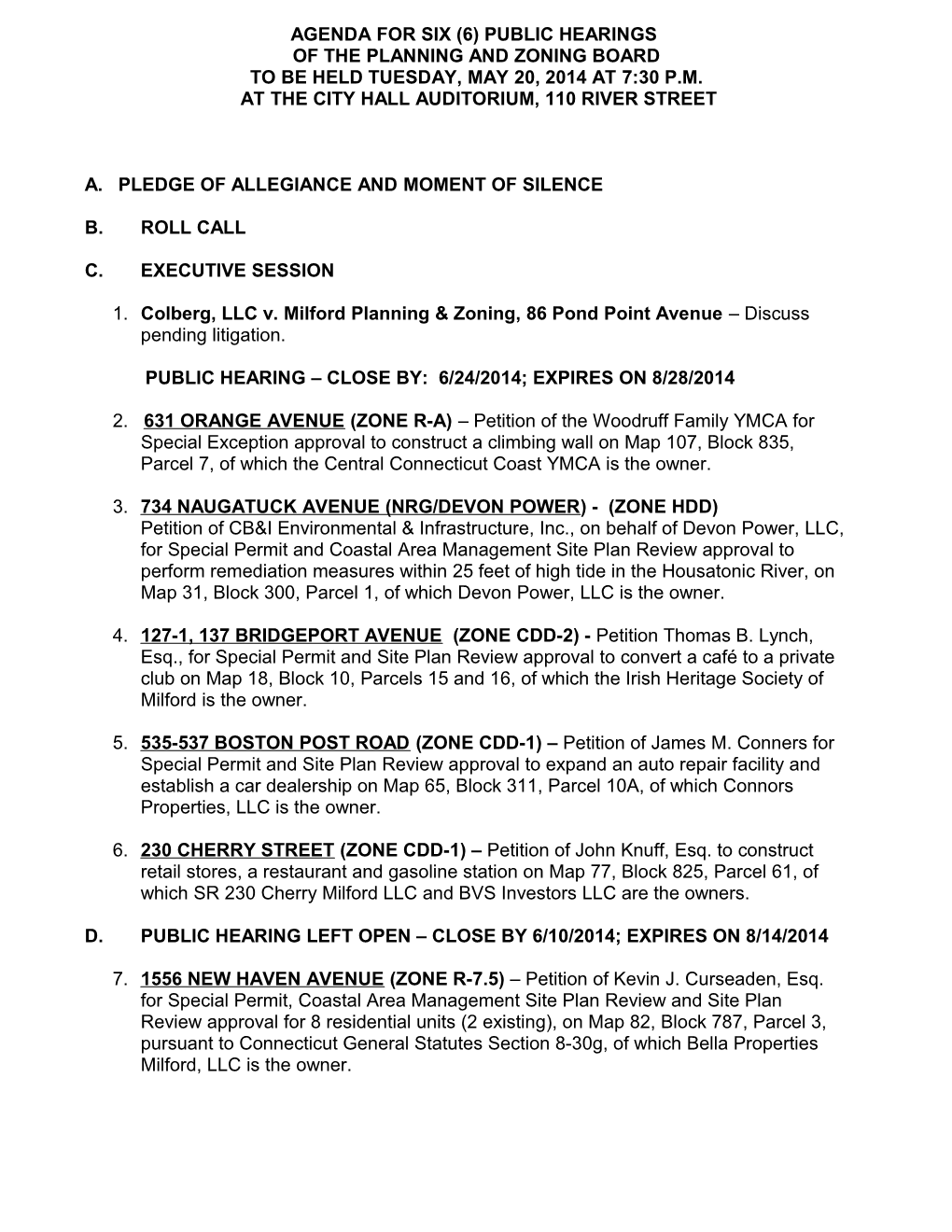 Agenda for Six (6) Public Hearings