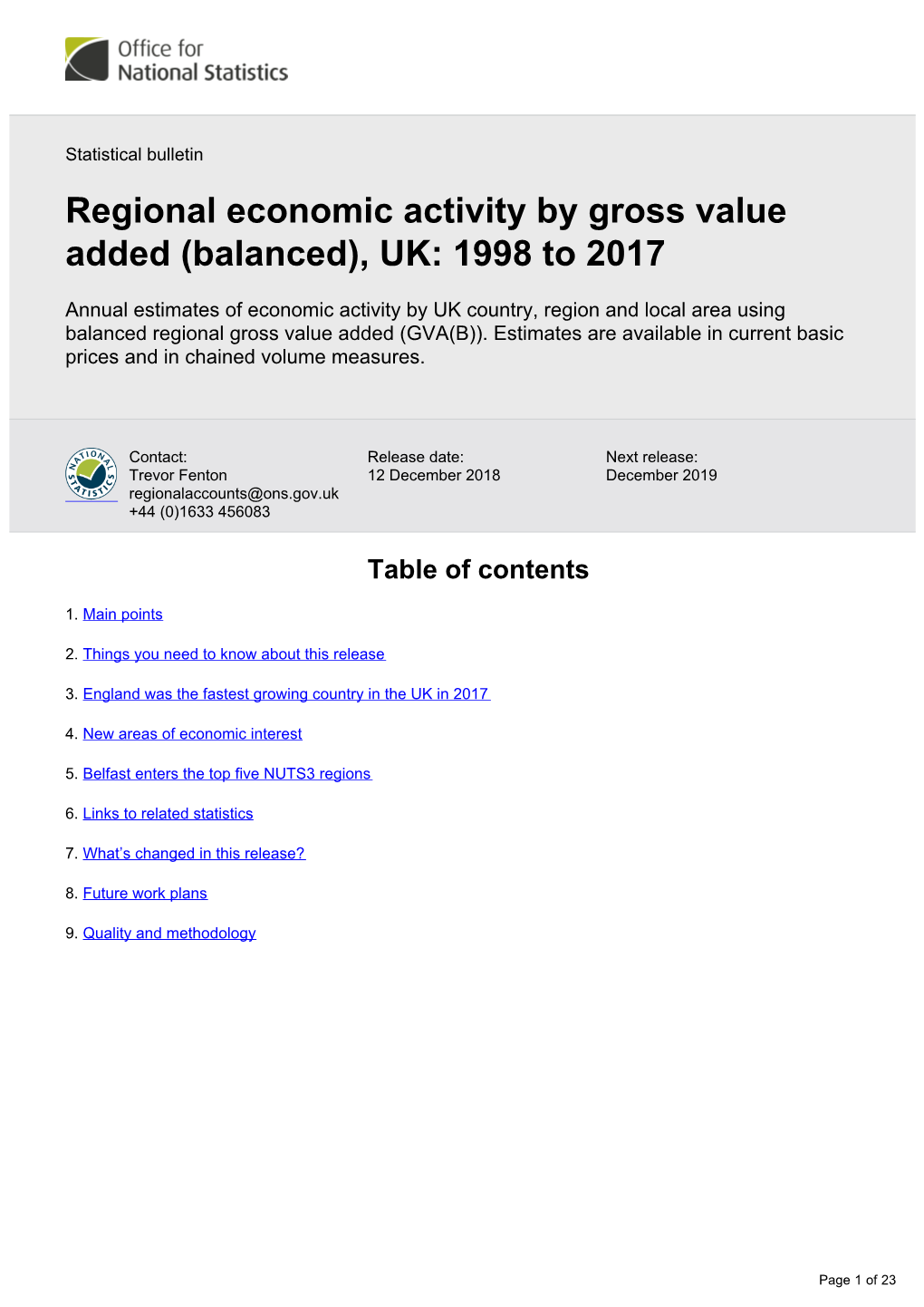 Regional Economic Activity by Gross Value Added (Balanced), UK: 1998 to 2017