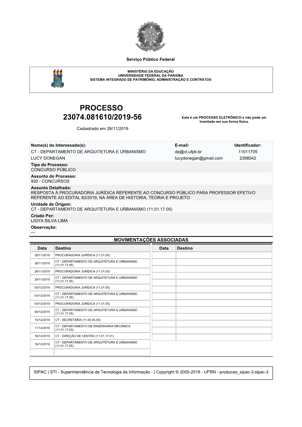 PROCESSO 23074.081610/2019-56 Este É Um PROCESSO ELETRÔNICO E Não Pode Ser Tramitado Em Sua Forma Física