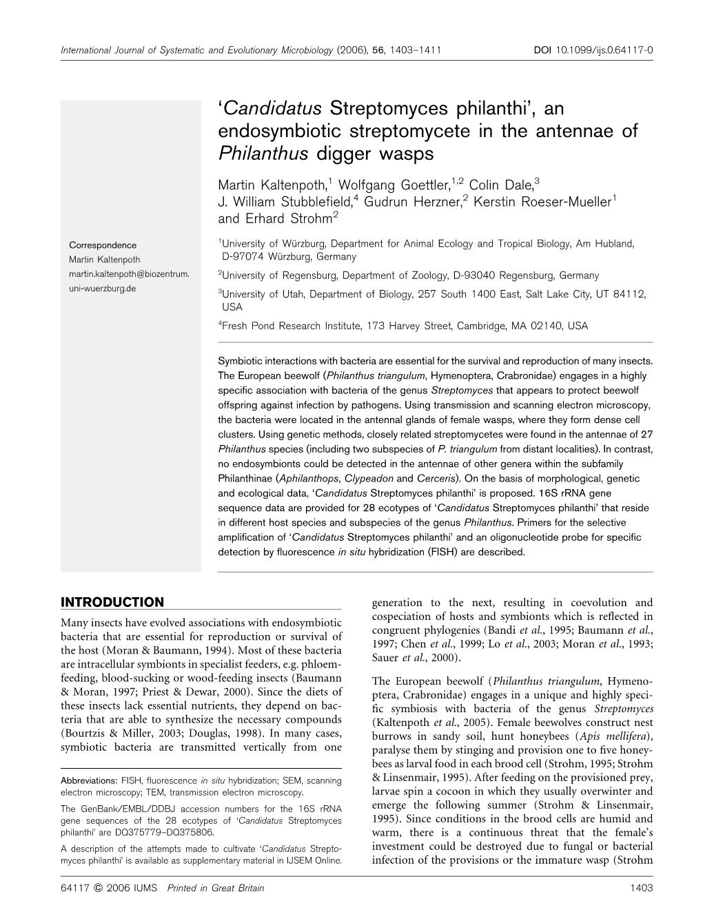 An Endosymbiotic Streptomycete in the Antennae of Philanthus Digger Wasps