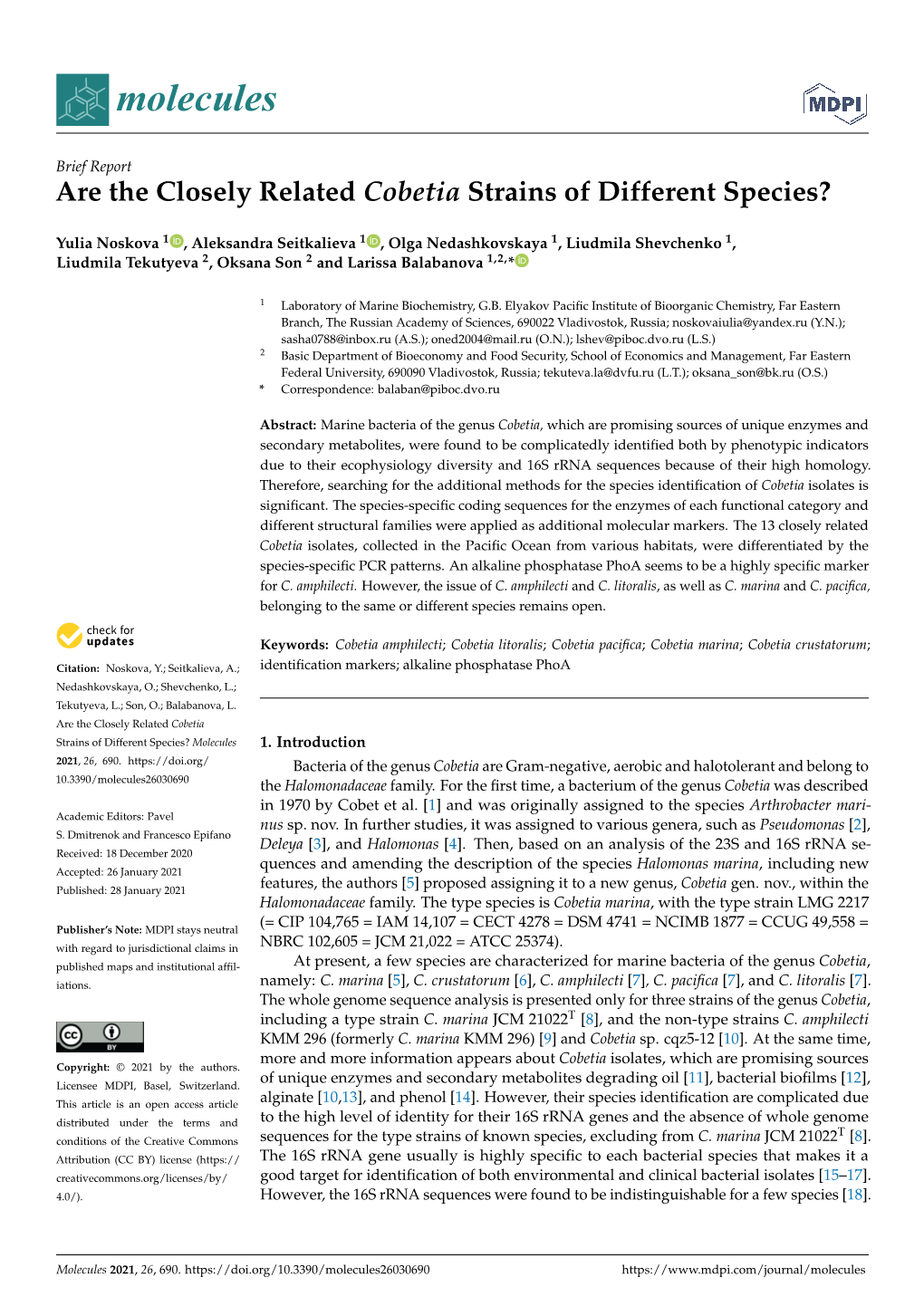 Are the Closely Related Cobetia Strains of Different Species?