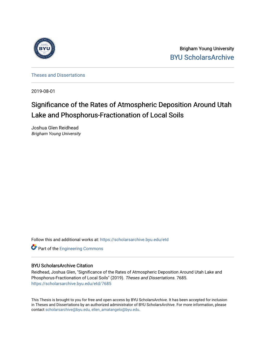 Significance of the Rates of Atmospheric Deposition Around Utah Lake and Phosphorus-Fractionation of Local Soils