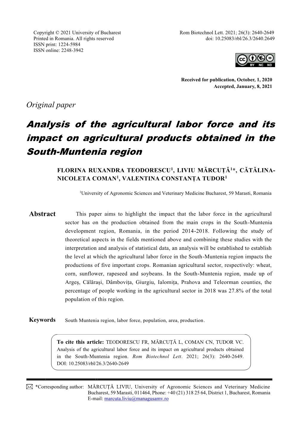 Analysis of the Agricultural Labor Force and Its Impact on Agricultural Products Obtained in the South-Muntenia Region