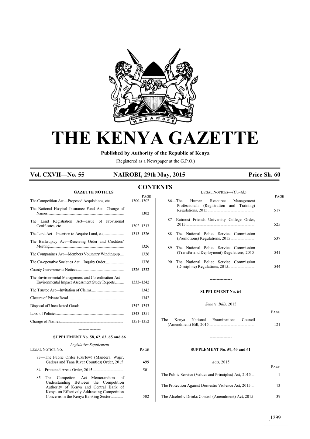 THE KENYA GAZETTE Published by Authority of the Republic of Kenya (Registered As a Newspaper at the G.P.O.)