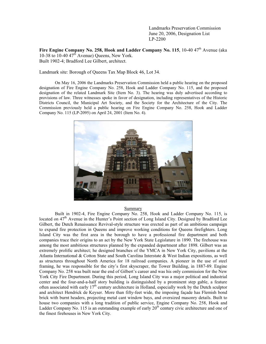 Landmarks Preservation Commission June 20, 2006, Designation List LP-2200