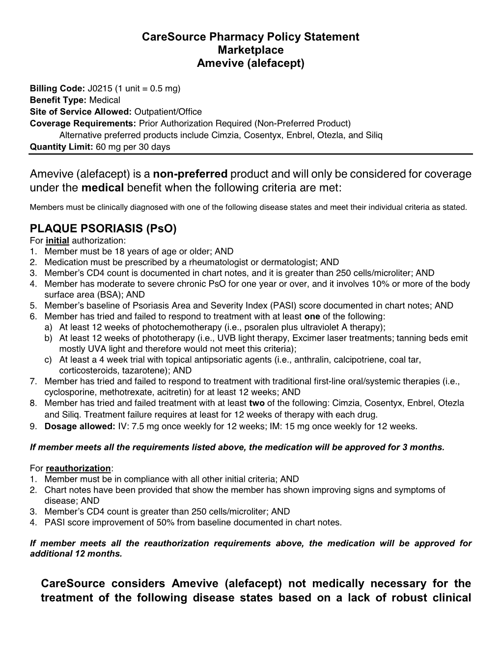 Caresource Pharmacy Policy Statement Marketplace Amevive (Alefacept)