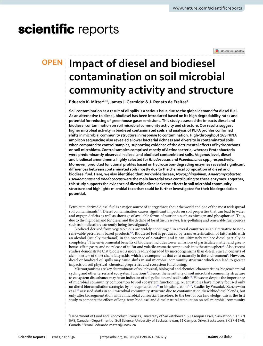 Impact of Diesel and Biodiesel Contamination on Soil Microbial Community Activity and Structure Eduardo K