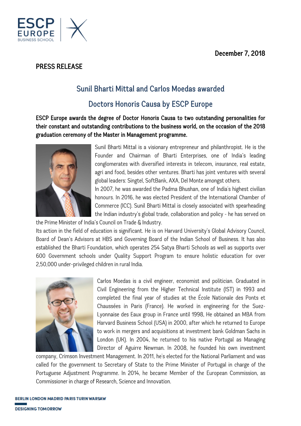 Sunil Bharti Mittal and Carlos Moedas Awarded Doctors Honoris Causa by ESCP Europe