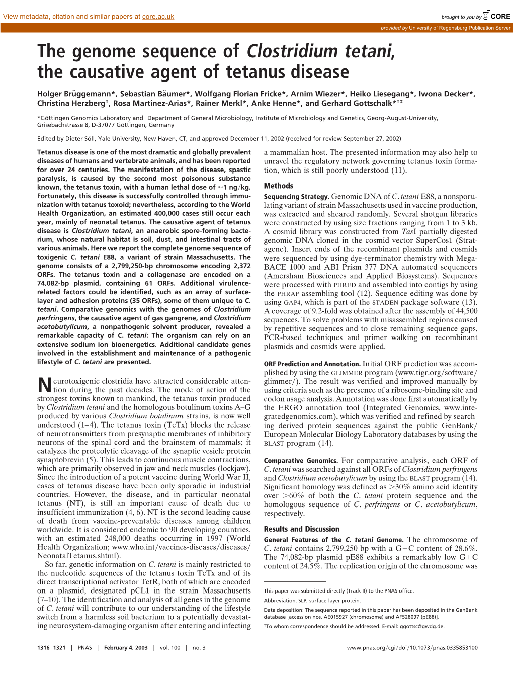 The Genome Sequence of Clostridium Tetani, the Causative Agent of Tetanus Disease