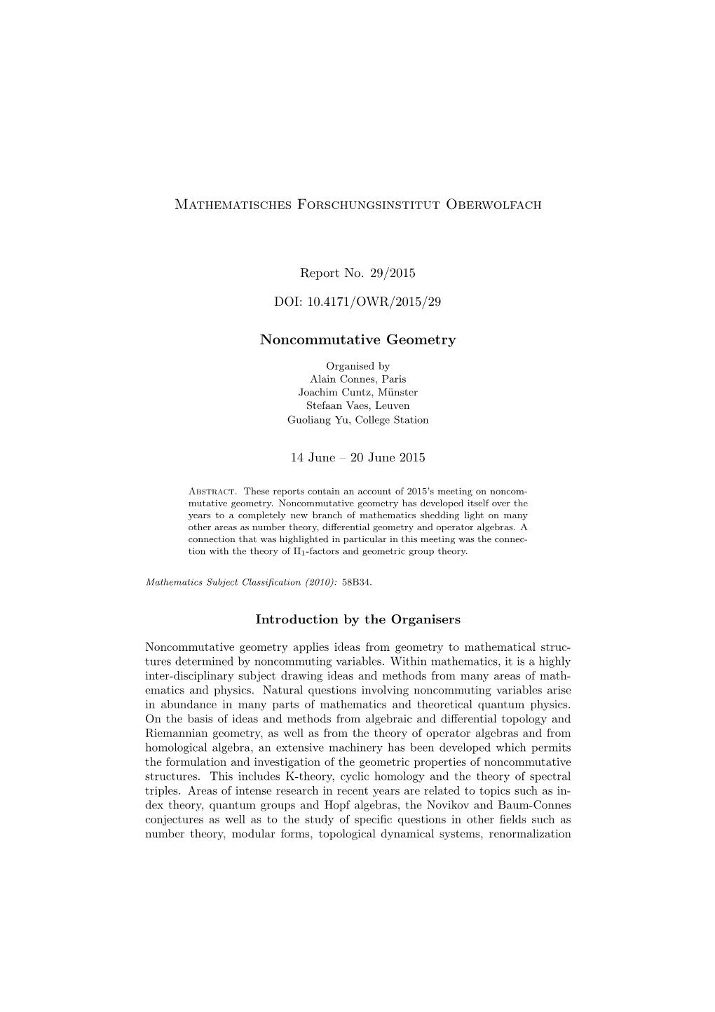 Mathematisches Forschungsinstitut Oberwolfach Noncommutative