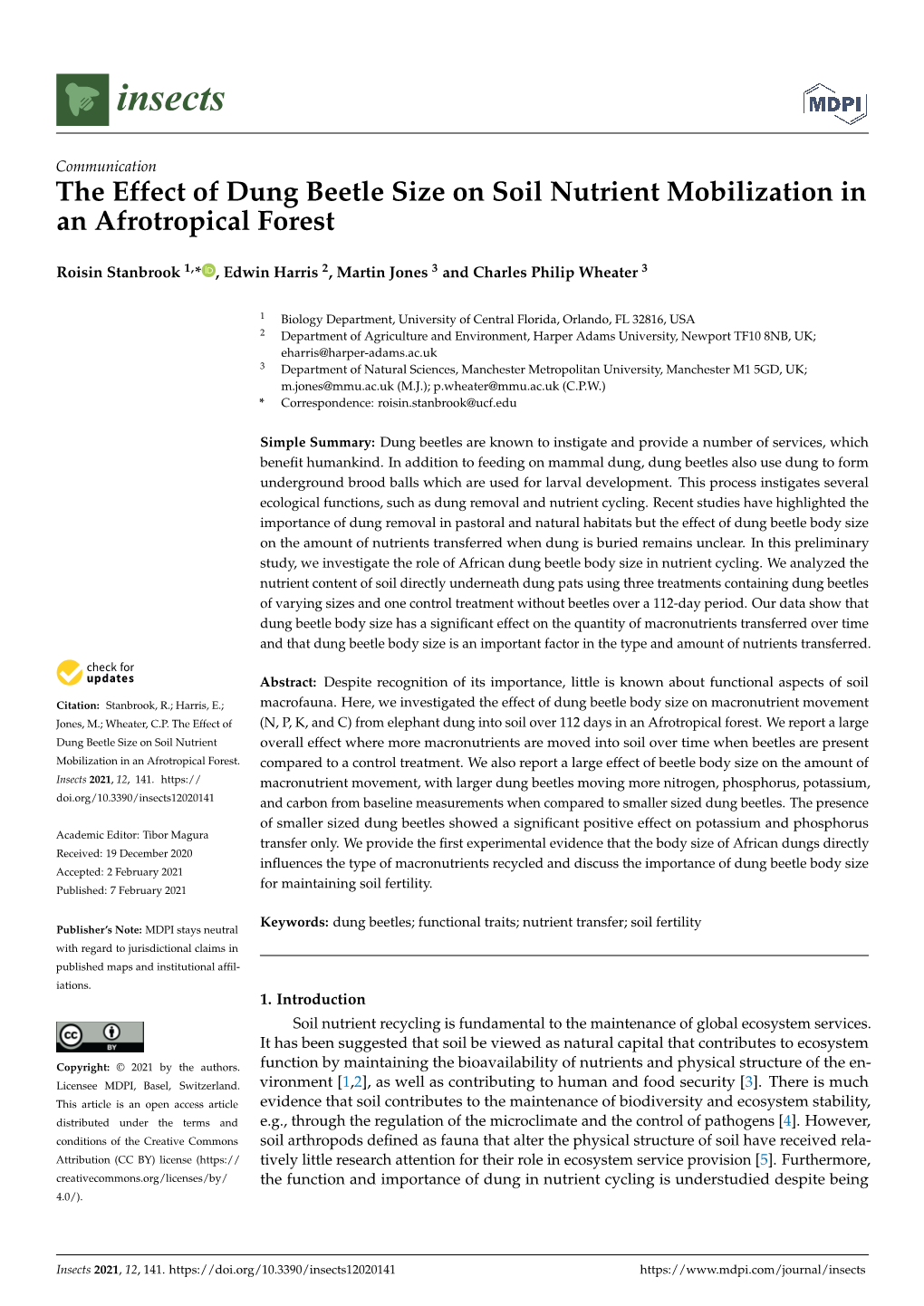 The Effect of Dung Beetle Size on Soil Nutrient Mobilization in an Afrotropical Forest