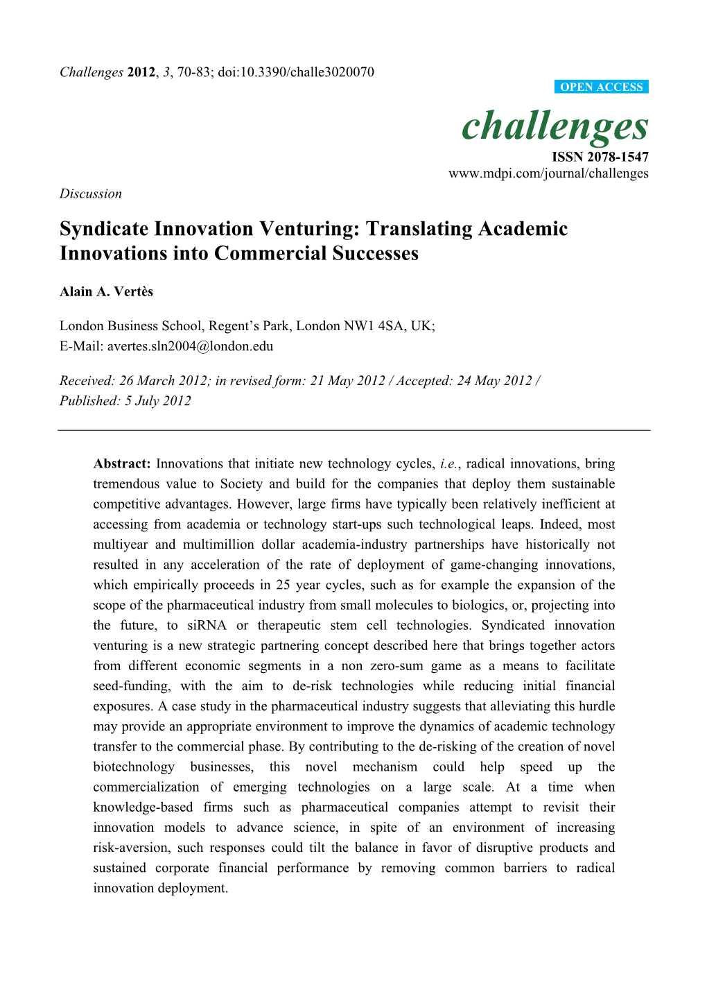 Syndicate Innovation Venturing: Translating Academic Innovations Into Commercial Successes